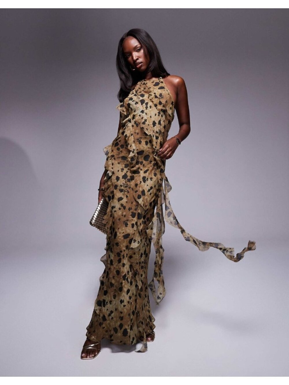 ASOS Size 6 Leopard-Print Ruffle Halter Maxi Dress